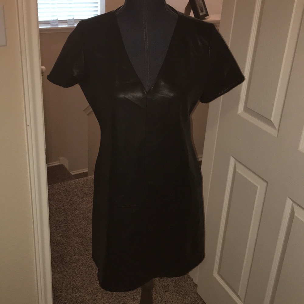 Zara Black Faux Leather V-Neck Short Sleeve Dress